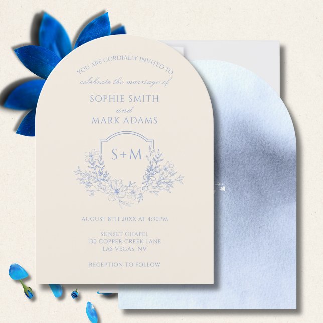 Elegant Blue Monogram Initial Crest Floral Wedding Invitation (Creator Uploaded)