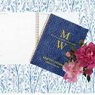 Elegant Blue Monogram Luxe Texture Gold Lettering Planner