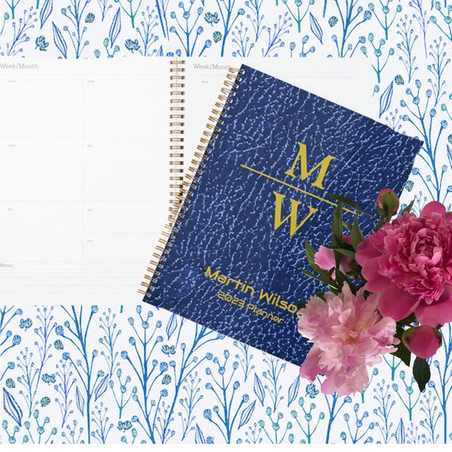 Elegant Blue Monogram Luxe Texture Gold Lettering Planner (Creator Uploaded)