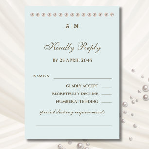 Elegant Blue Monogram Pearl Wedding RSVP Card