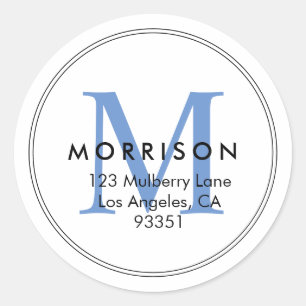 Elegant Blue Monogram Return Address Classic Round Sticker