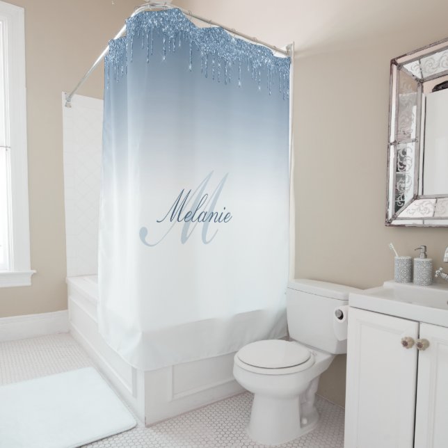 elegant blue monogram shower curtain (In Situ)