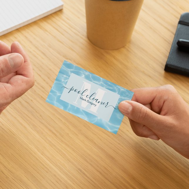 Elegant Blue Monogram Swimming Pool Cleaner  Business Card (Creator Uploaded)