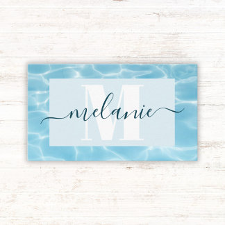 Elegant Blue Monogram Swimming Teacher Coach Business Card
