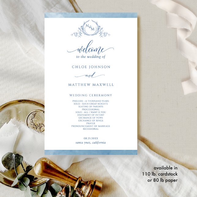 Elegant Blue Monogram Watercolor Wedding Program (Creator Uploaded)