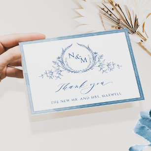 Elegant Blue Monogram, Watercolor Wedding Thank Yo You Card