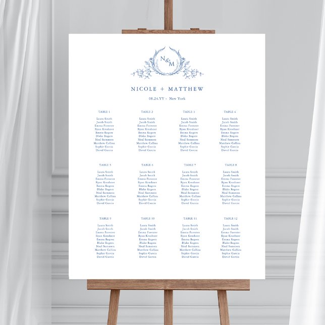 Elegant Blue Monogram Wedding Seating Chart Sign (Creator Uploaded)