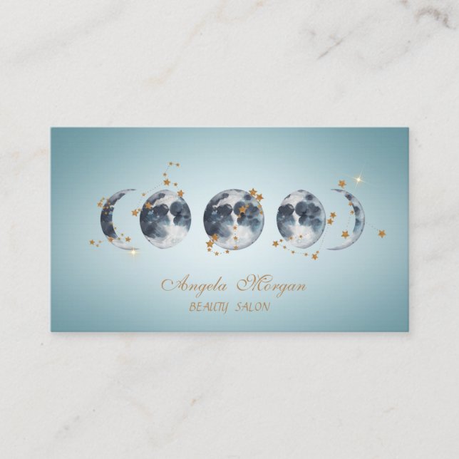 Elegant Blue Moons Stars Blue Business Card (Front)