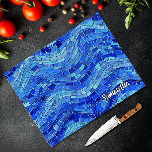 Elegant blue mosaic waves stained glass cutting board