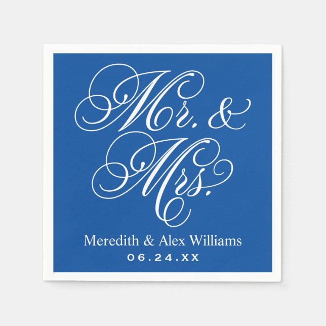 Elegant Blue Mr and Mrs Script Wedding Napkin (Front)