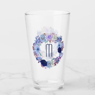 Elegant Blue Mum Floral Wreath Monogram Glass