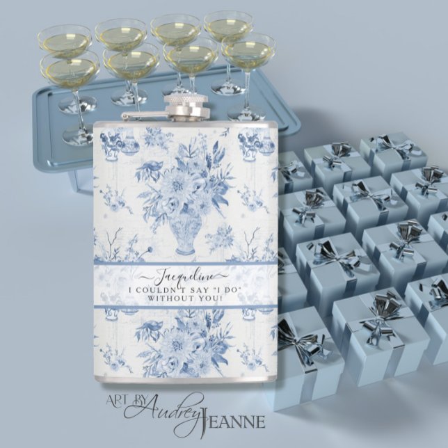 Elegant Blue n White Floral Classic Bridesmaid Hip Flask (Creator Uploaded)