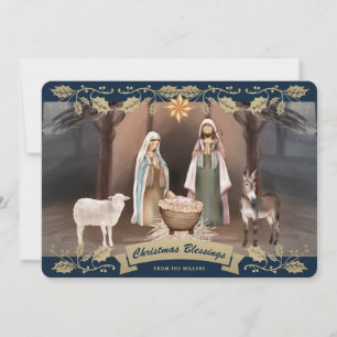 Elegant Blue Nativity Scene Christian Christmas Holiday Card