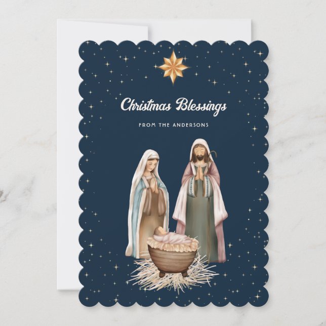 Elegant Blue Nativity Scene Stars Christian Holiday Card (Front)