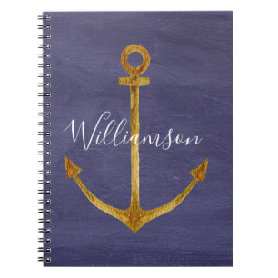 Elegant Blue Nautical Gold Anchor Boat Yacht Notebook