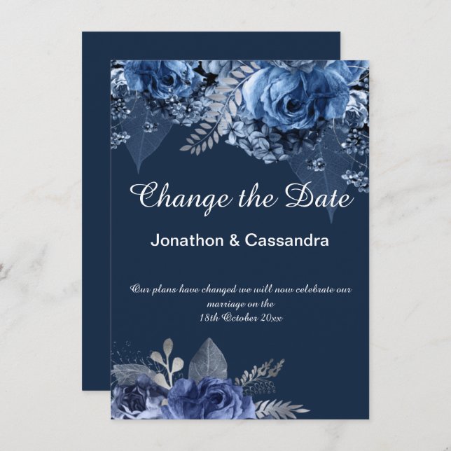 ELEGANT BLUE NAVY  FLORAL BORDER CHANGE THE DATE (Front/Back)
