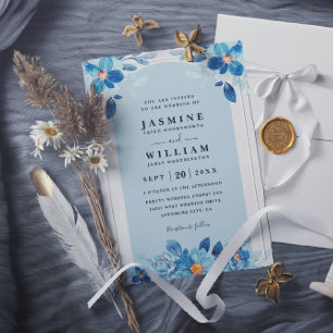 Elegant Blue Navy Floral QR Code Wedding Invitation