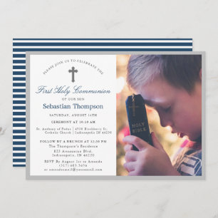 Elegant Blue Navy Stripes Photo First Communion Invitation