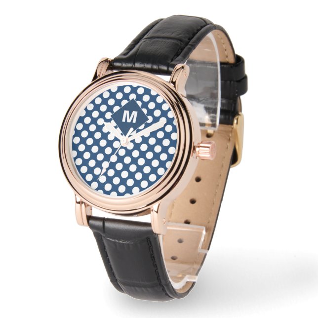 Elegant Blue Navy White Stylish Monogrammed Custom Watch (Angle)