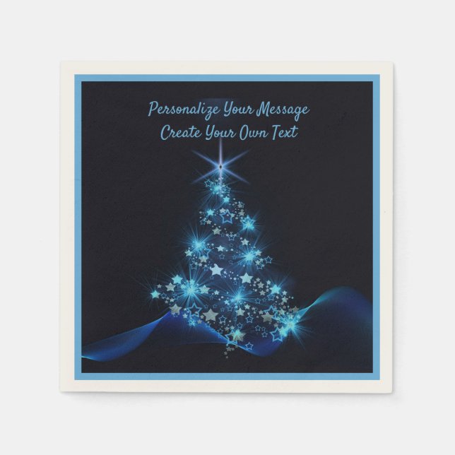 Elegant Blue Neon Christmas Tree Personalise Napkin (Front)