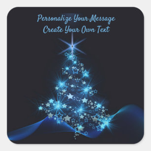 Elegant Blue Neon Christmas Tree Personalise Square Sticker