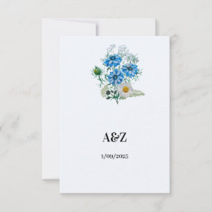 Elegant Blue Nigella Flower wedding date Thank You Card
