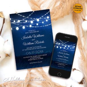Elegant Blue Night & Silver String Lights Wedding Invitation
