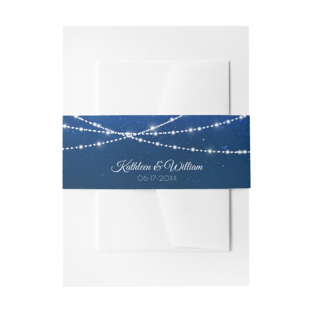 Elegant Blue Night & Silver String Lights Wedding Invitation Belly Band (Front Example)