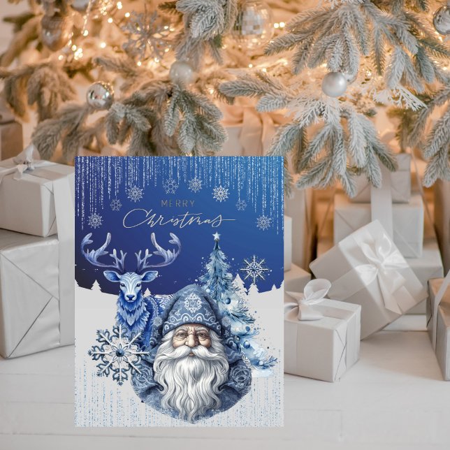Elegant Blue Nordic Santa Christmas Cheer Holiday Card (Creator Uploaded)