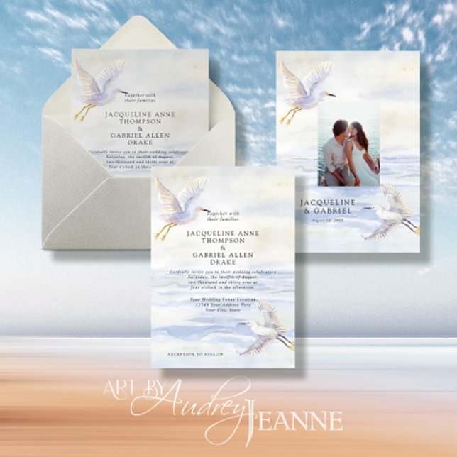 Elegant Blue Ocean Beach Coastal Cranes w Photo Invitation (Creator Uploaded)
