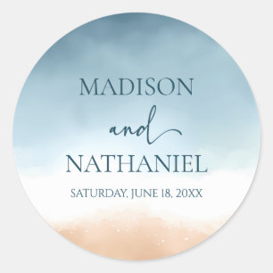 Elegant Blue Ocean Beach Shore Sand Wedding Classic Round Sticker
