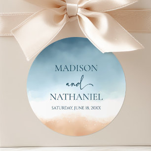 Elegant Blue Ocean Beach Shore Sand Wedding Classic Round Sticker