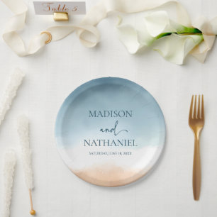 Elegant Blue Ocean Beach Shore Sand Wedding Paper Plate