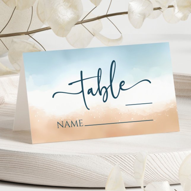 Elegant Blue Ocean Beach Shore Sand Wedding Place Card (Creator Uploaded)