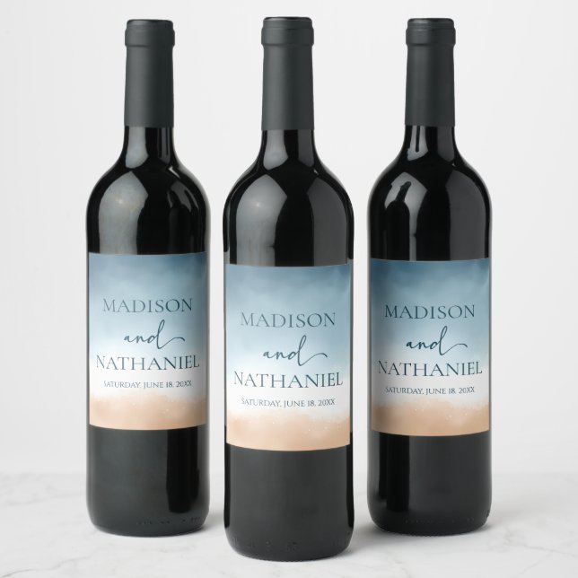 Elegant Blue Ocean Beach Shore Sand Wedding Wine Label (Bottles)