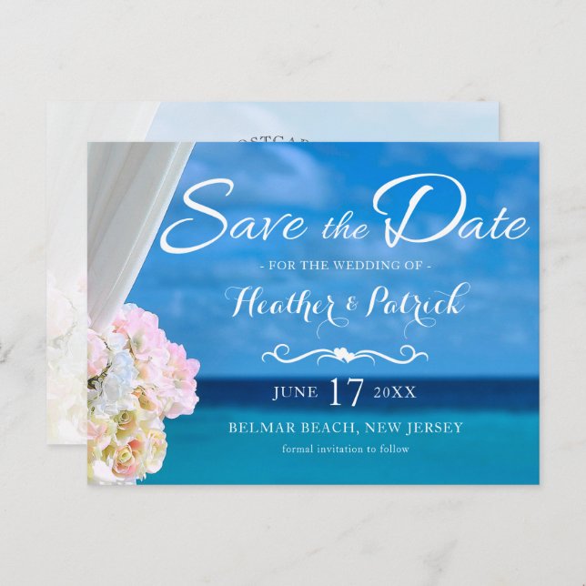 Elegant Blue Ocean Beach Summer Save the Date Announcement Postcard (Front/Back)