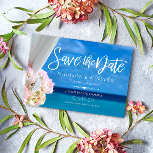 Elegant Blue Ocean Beach Summer Save the Date Card