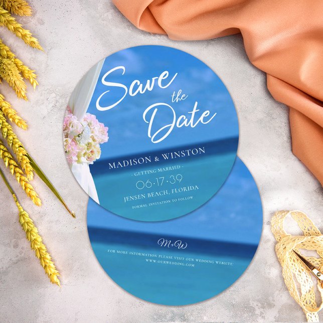 Elegant Blue Ocean Beach Summer Save the Date Card (Creator Uploaded)