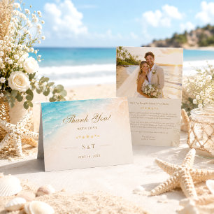 Elegant Blue Ocean Starfish Beach Wedding Photo Thank You Card