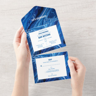 Elegant Blue Ocean Waves Bar Mitzvah All In One Invitation