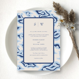 Elegant Blue Ocean Waves Monogram Wedding Invitation