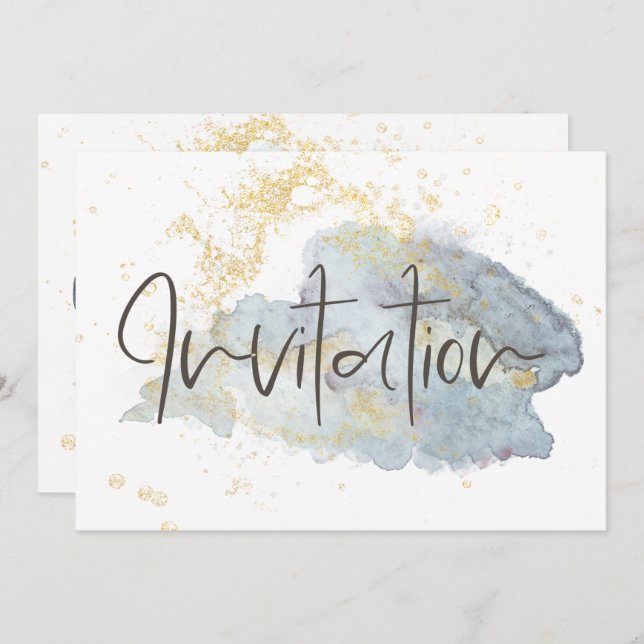 Elegant Blue Ombré Watercolor Gold Accents Wedding Invitation (Front/Back)