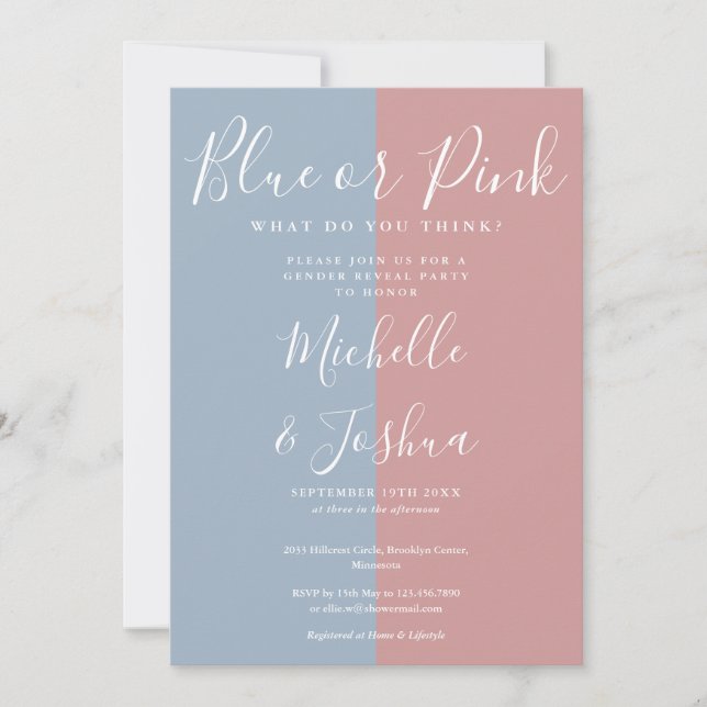 Elegant Blue Or Pink Gender Reveal Party Invitation (Front)