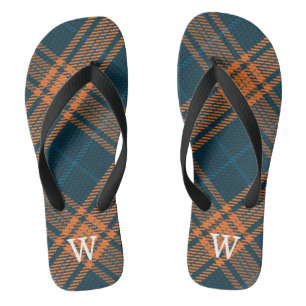 Elegant blue & orang tartan plaid Personalised  Thongs