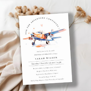 Elegant Blue Orange Blush Aeroplane Birthday Invitation