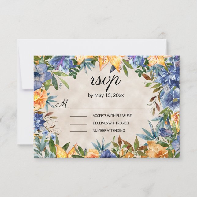 Elegant Blue Orange Flowers Tiger Lilies Wedding   RSVP Card (Front)