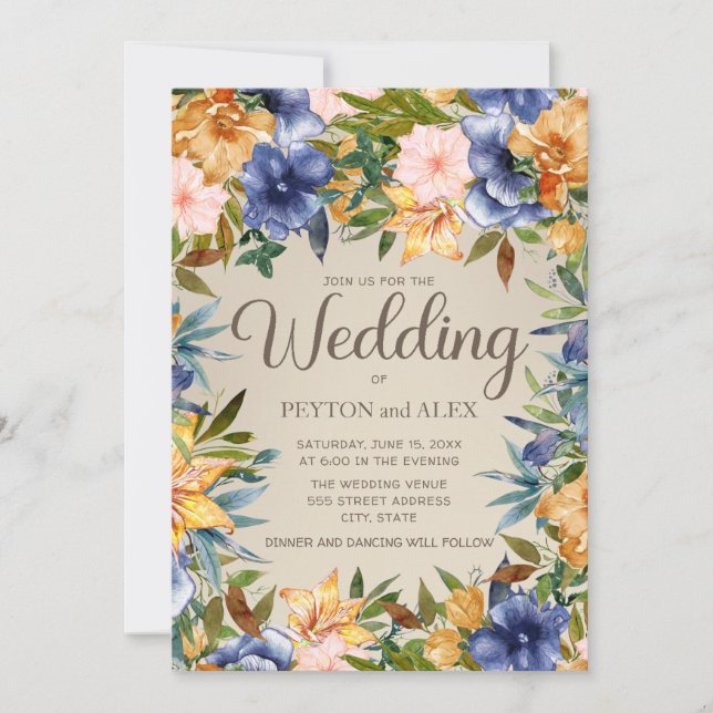 Elegant Blue Orange Watercolor Floral. Wedding Invitation (Front)