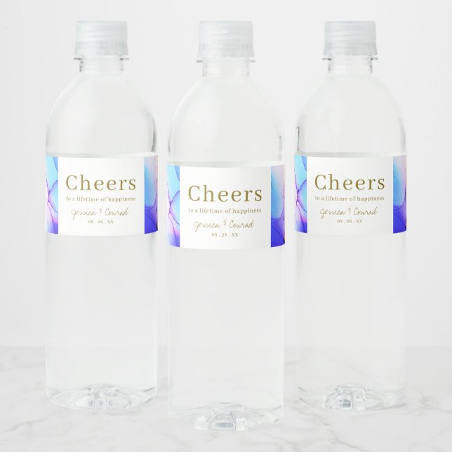 Elegant Blue Orange Wedding Water Bottle Label (Bottles)