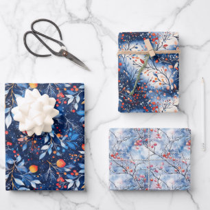 Elegant Blue Orange Winter Branches Wrapping Paper Sheet