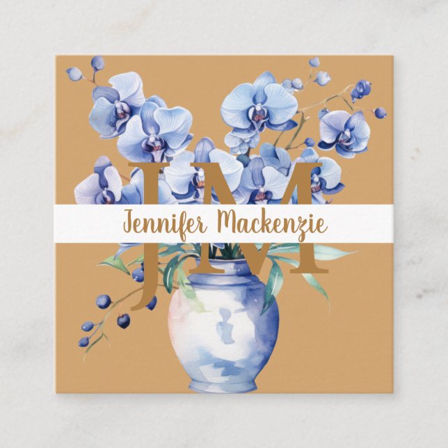Elegant Blue Orchids Square Business Card (Front)